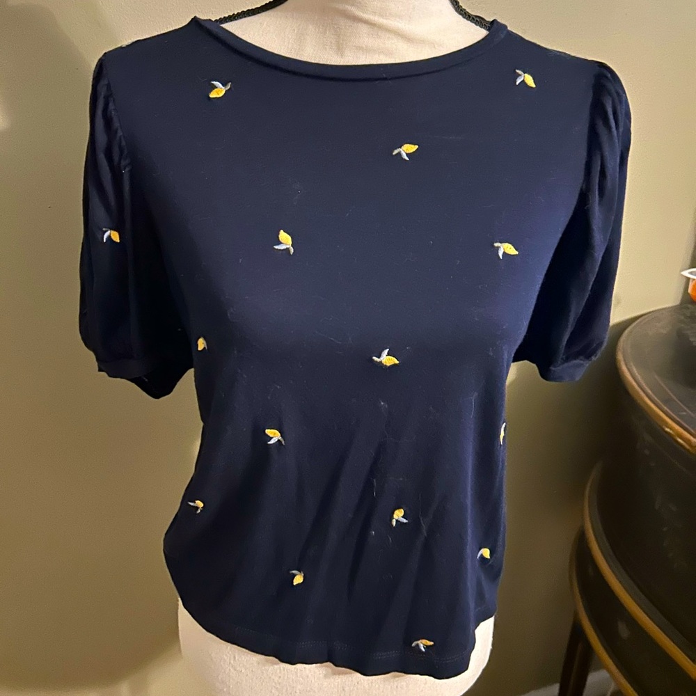 Loft Navy Blue Puff Sleeve Top with Lemons